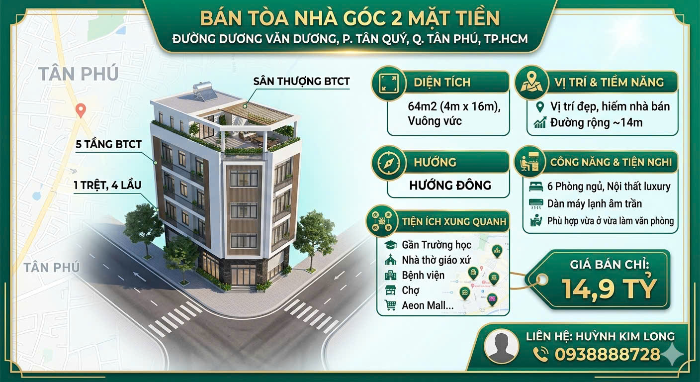 Bán nhà mặt tiền Tân Quý Tân Phú, gốc 2 MT 5 tầng mới 100%, 4x16, 6PN