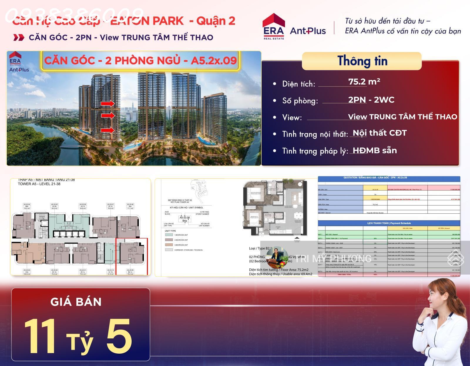 Eaton Park - Căn góc 2PN - chỉ 4 tỷ 117 triệu, công chứng, sang tên ngay + tháp A5 view Rạch Chiếc