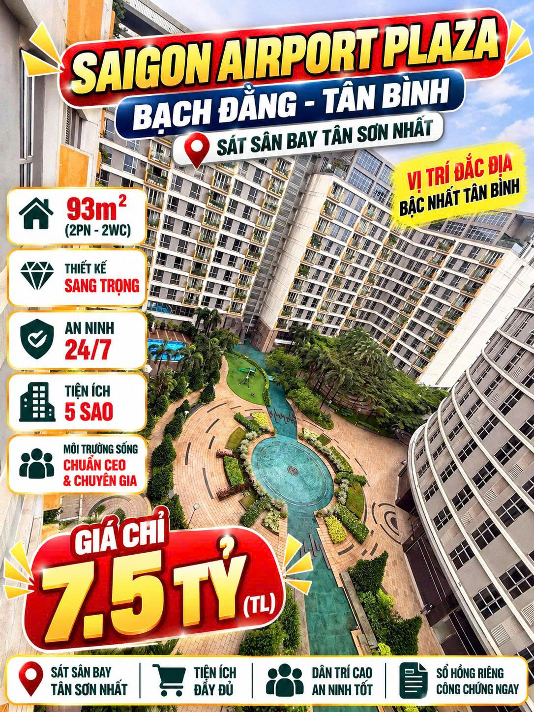 Bán căn hộ Saigon Airport Plaza 93m2, 2PN  , Sổ riêng 7.5tỷ